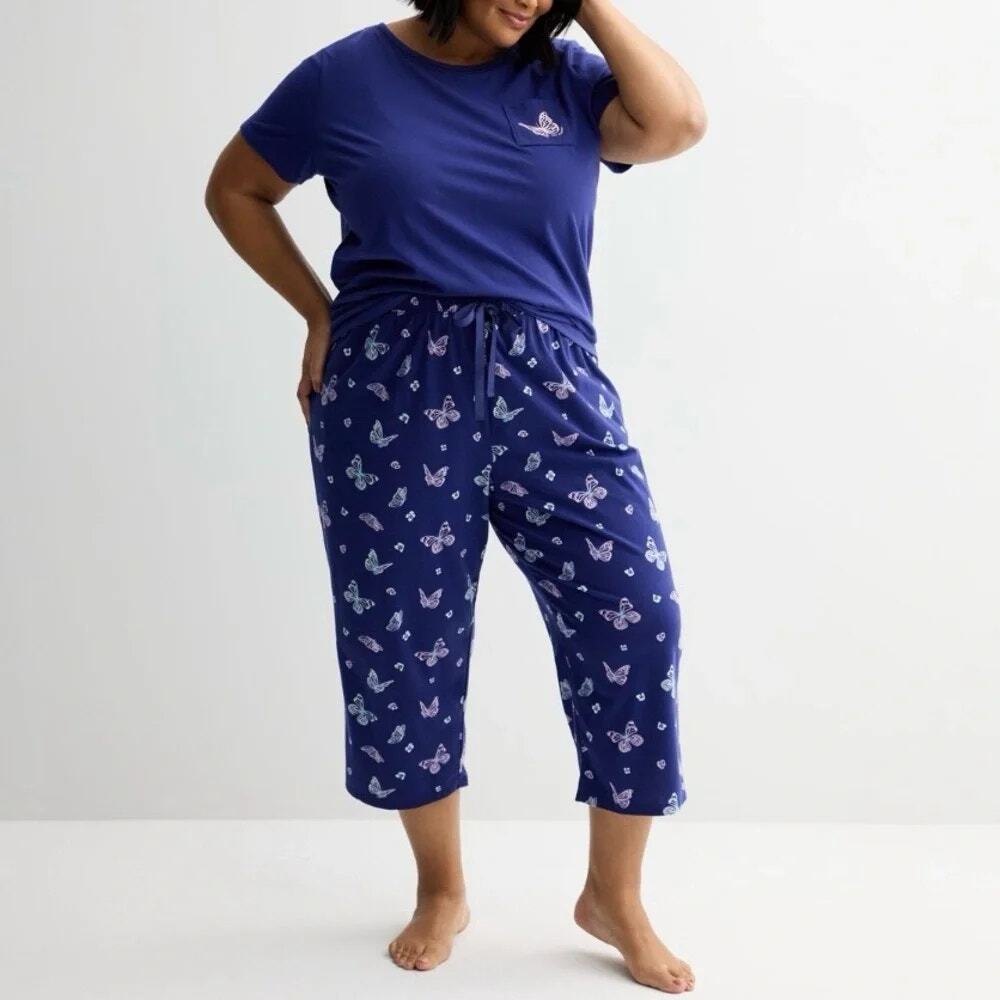 NWT Croft & Barrow Navy Blue Pink Butterfly Sleepwear Pajama Pants Size Medium